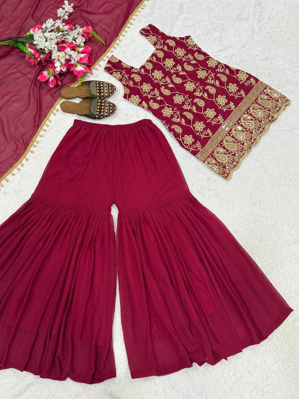 Deep Ruby Floral-Embroidered Silk Set
